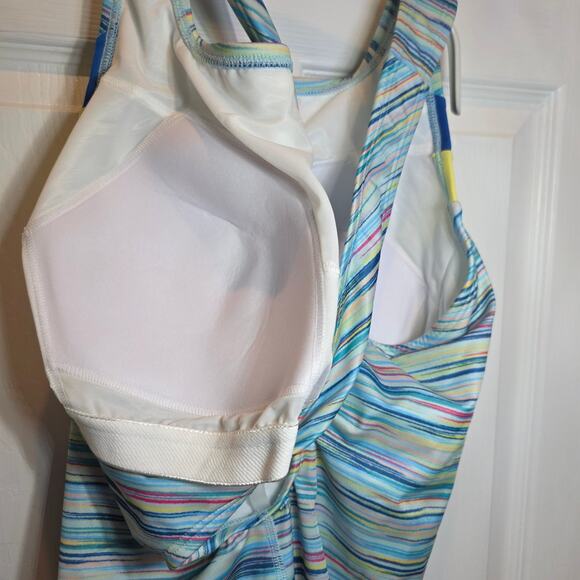Lands End One Piece Swimsuit X-Back Plus Sz 18 W Colorblock Blue Yellow Modest - Picture 6 of 11